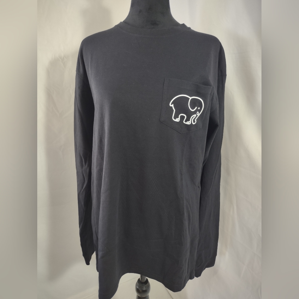 IVORY ELLA Women's Black Long Sleeve Tee Shirt W/ Plaid Elephant On Back Size M
